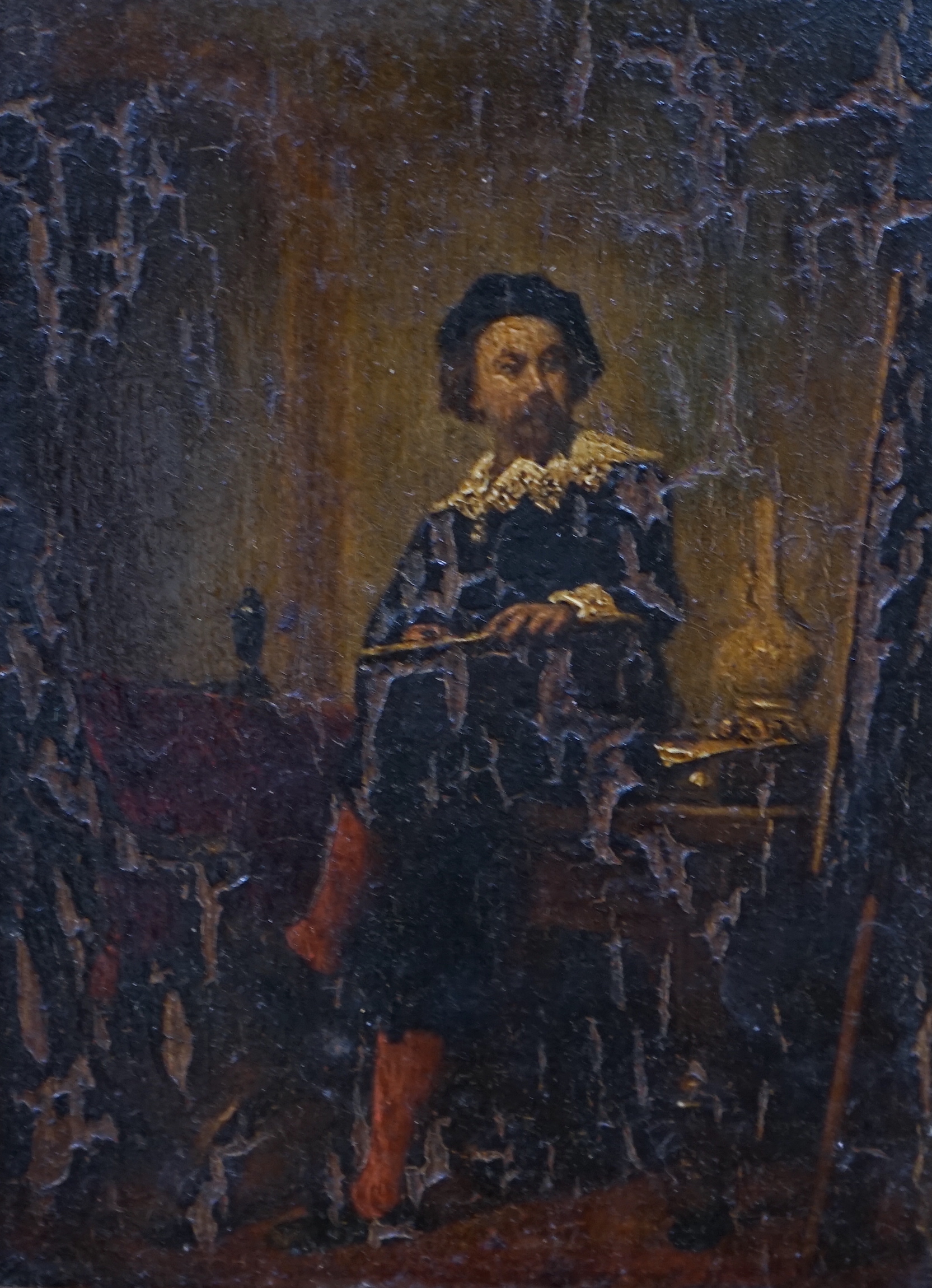 19th century School, oil on panel, Full length portrait of a cavalier in an interior, 16 x 11cm, ornate gilt frame